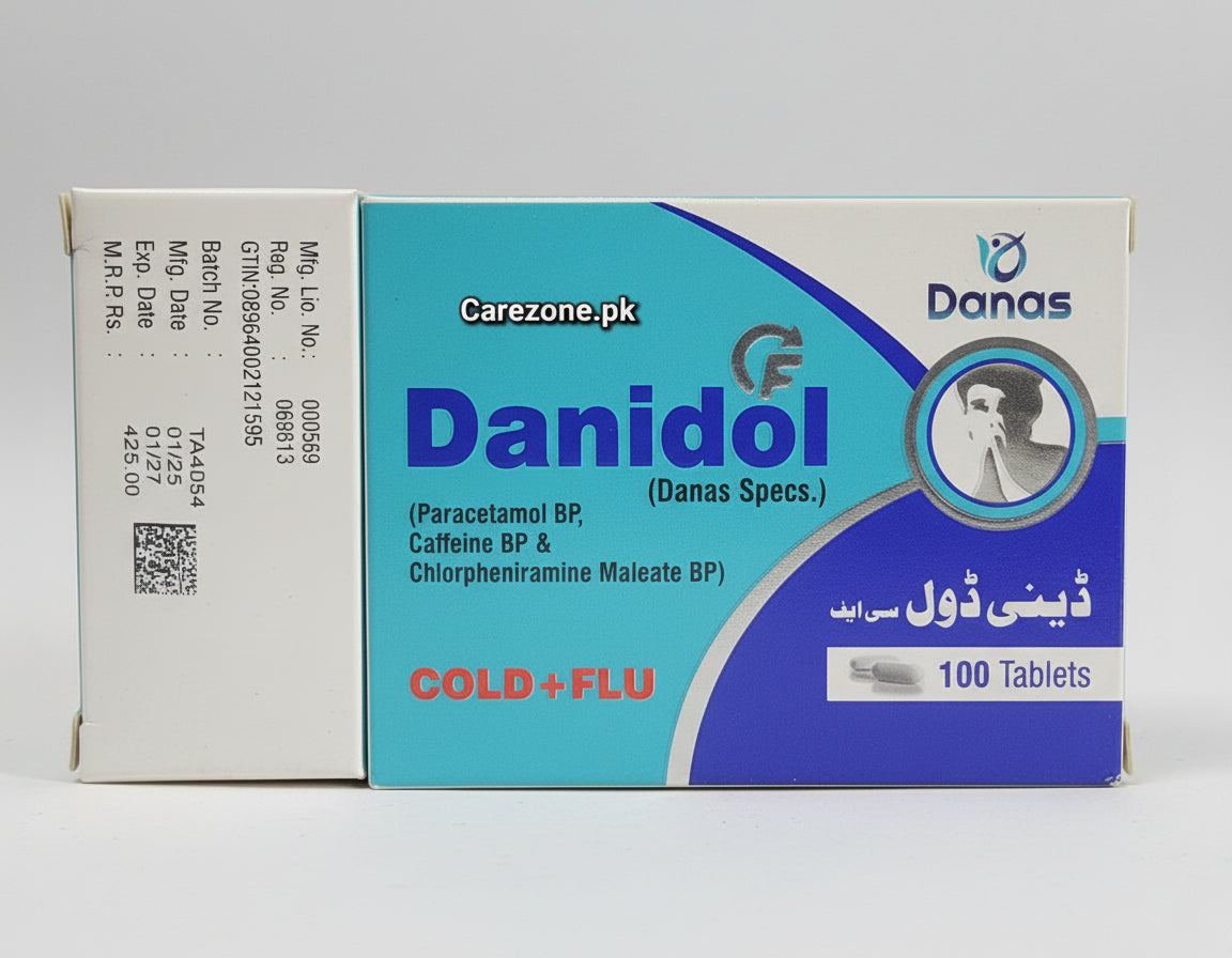 Danidol CF Tablet (Paracetamol + Caffeine + Chlorpheniramine Maleate) - 100 Tablets (Cold, Fever & Allergy Relief)