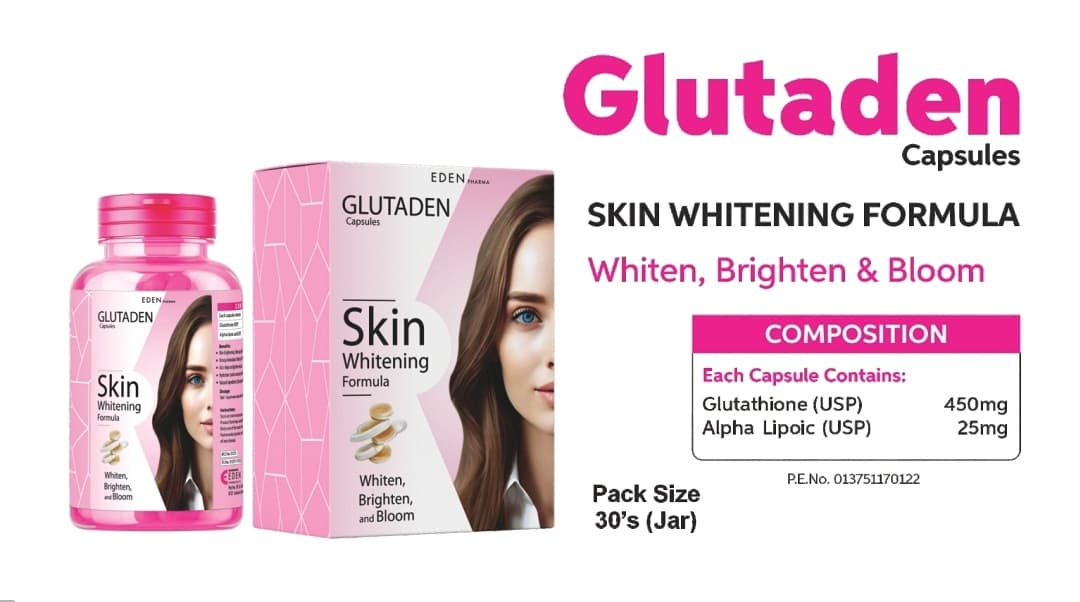 Glutaden Capsules – Skin Whitening & Brightening Formula with Glutathione + Alpha Lipoic Acid – 30 Capsules