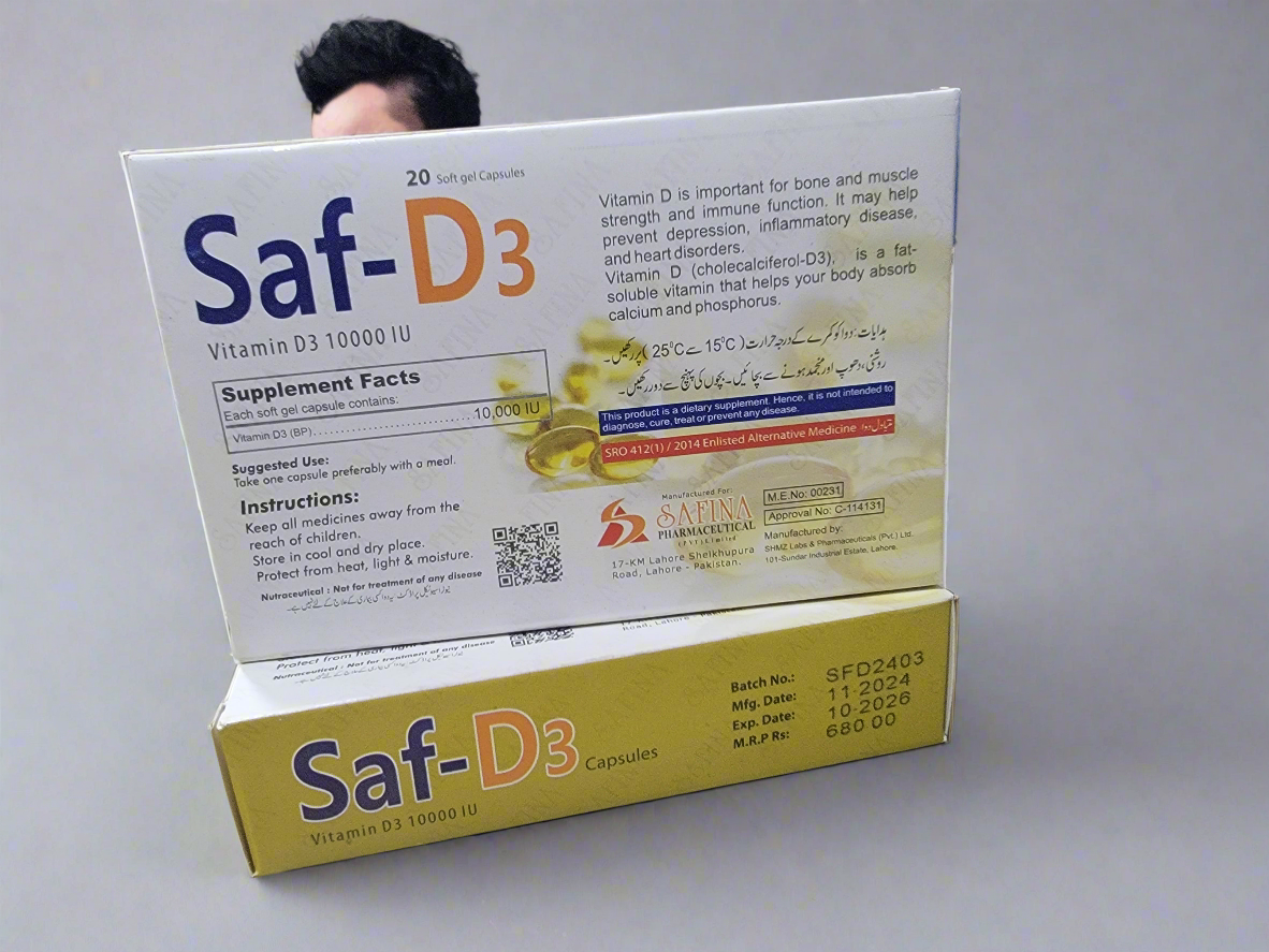 Saf-D3 Vitamin D3 10000 IU - 20 Softgel Capsules | Vitamin D3 capsule