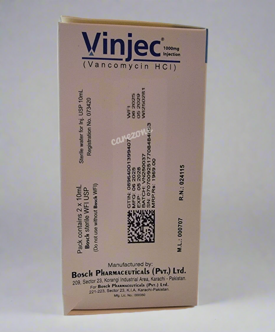 Vinjec 1000mg Injection (Vancomycin HCl) – 1 Vial | Broad-Spectrum Antibiotic