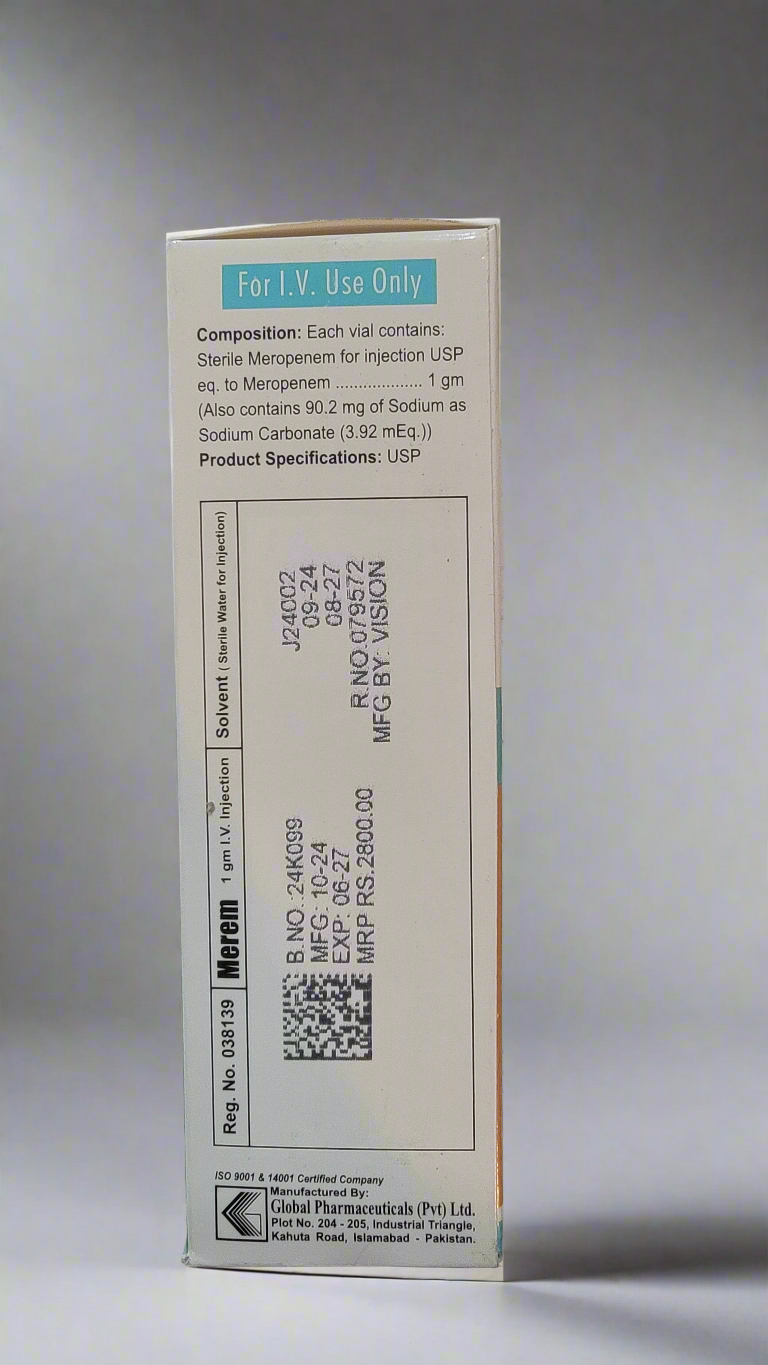 Merem 1g Injection i.v Meropenem 1g | Broad-Spectrum Antibiotic | 1 Vial
