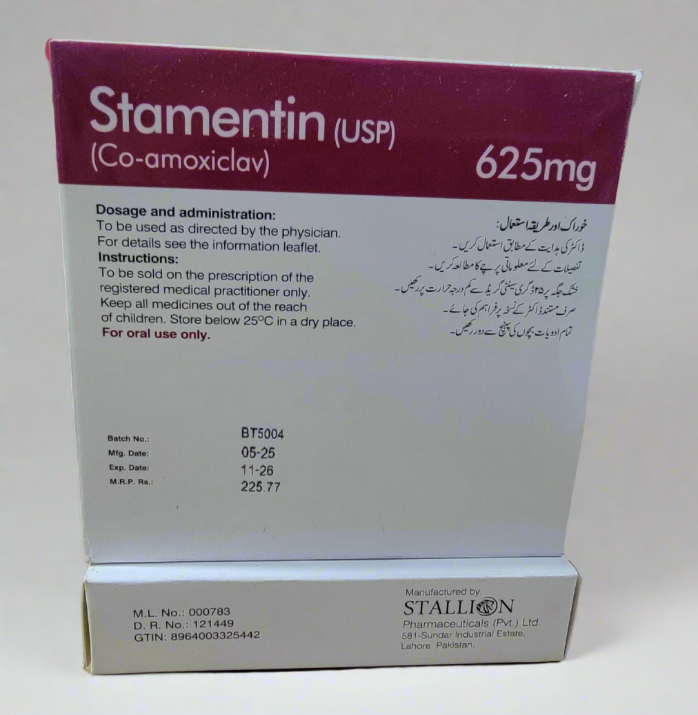Stamentin 625mg Tablets – Co-Amoxiclav USP – 6 Film-Coated tablets