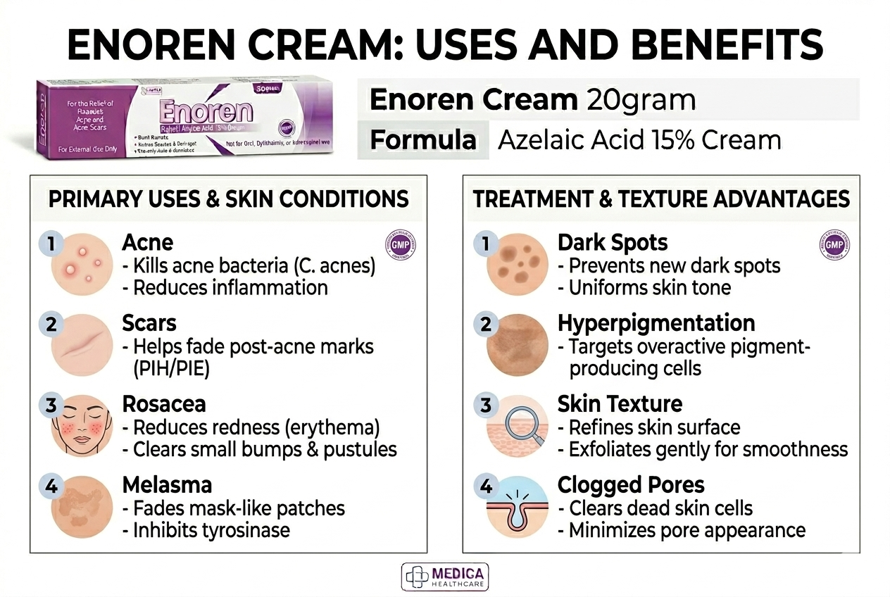 Enoren Azelaic Acid Cream 15% 20g – for Acne scars, Rosacea, Melasma & Dark Spots Treatment | Skin Brightening Cream