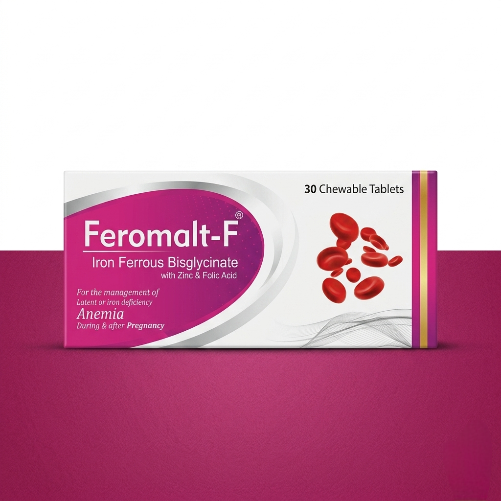 Feromalt-F Chewable Tablets 20mg/7.5mg/50mcg – Iron Bisglycinate + Zinc + Folic Acid Anemia & Hemoglobin Support | Sangobion Alternative 30 Tablets