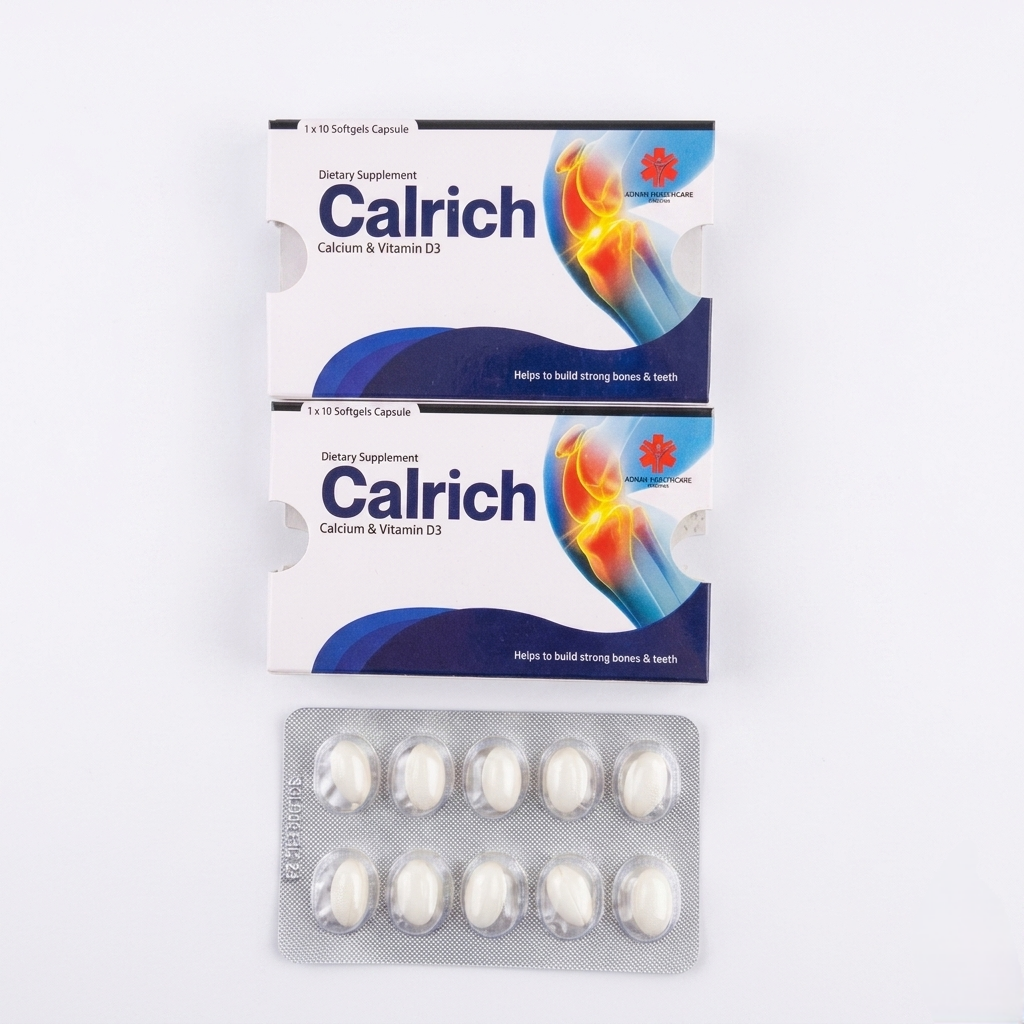 Calrich Softgel Capsules 500mg/200IU – Calcium + Vitamin D3 Bone Strength & Deficiency Support | 20 Softgels