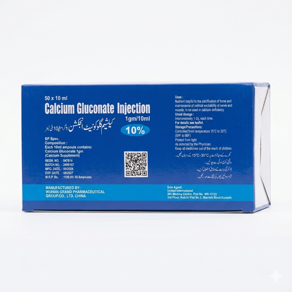 Calcium Gluconate Injection 1gm/10ml – Calcium Supplement for Deficiency, Muscle & Nerve Support | 50 Ampoules