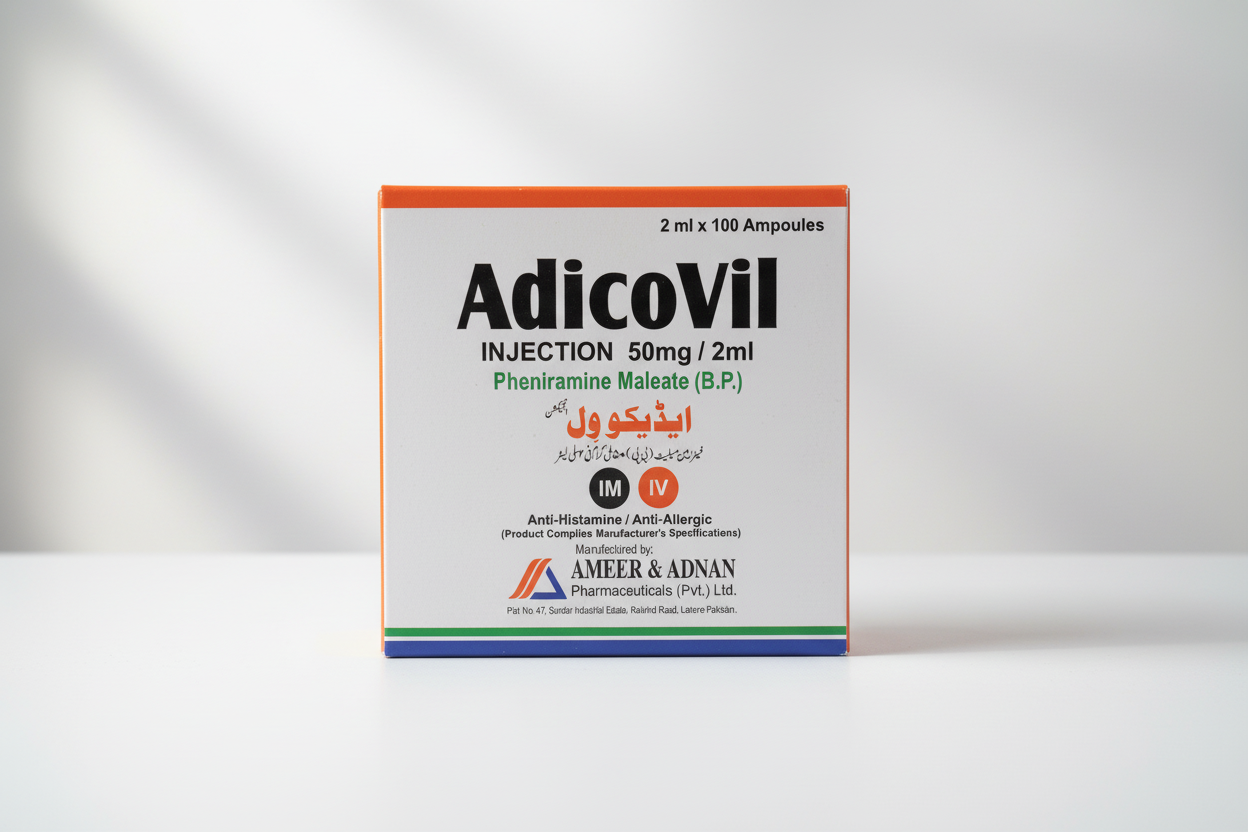 Adicovil Injection 50mg/2ml – Pheniramine Maleate – 2ml x 100 Ampoules | Anti-Allergic Injection