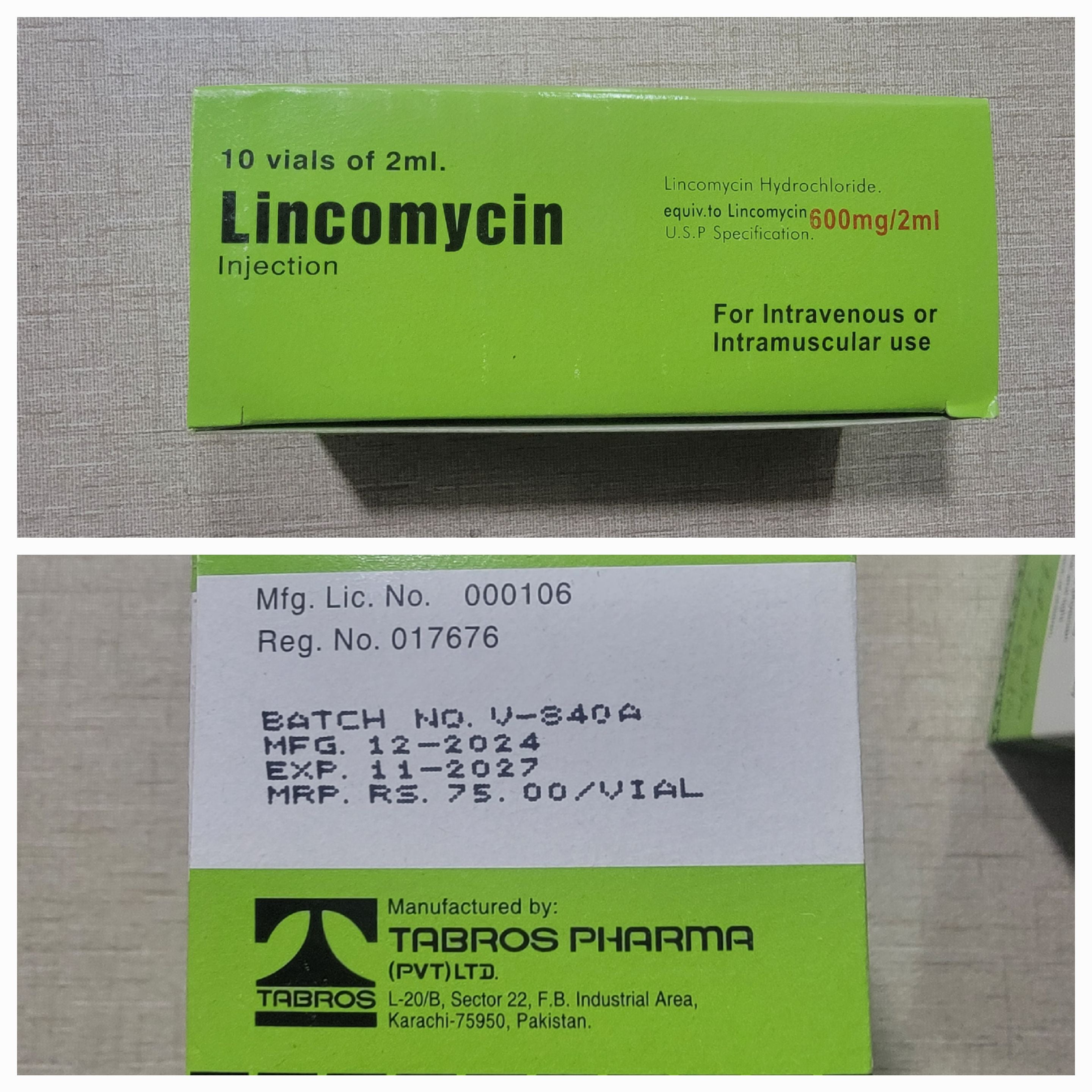 Lincomycin Injection 600mg/2ml | 10 Vials | Tabros Pharmaceuticals ...