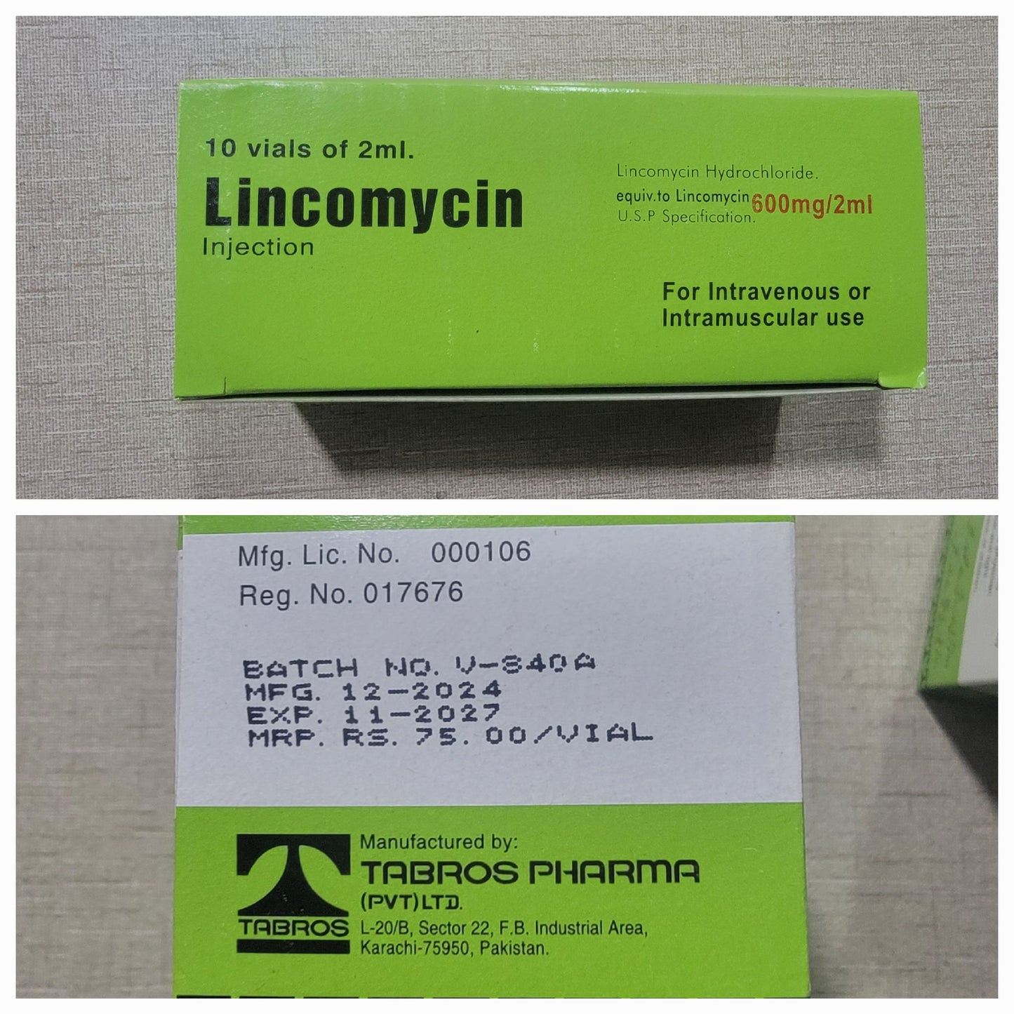 Lincomycin Injection 600mg/2ml | 10 Vials | Tabros Pharmaceuticals