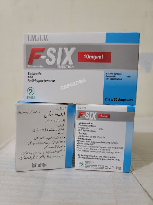 F-Six Injection – Frusemide 10mg/2ml | 50 Ampoules I.M/I.V
