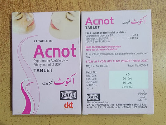 Acnot Tablets – Cyproterone Acetate BP 2mg + Ethinylestradiol USP 0.035mg – 21 Tablets