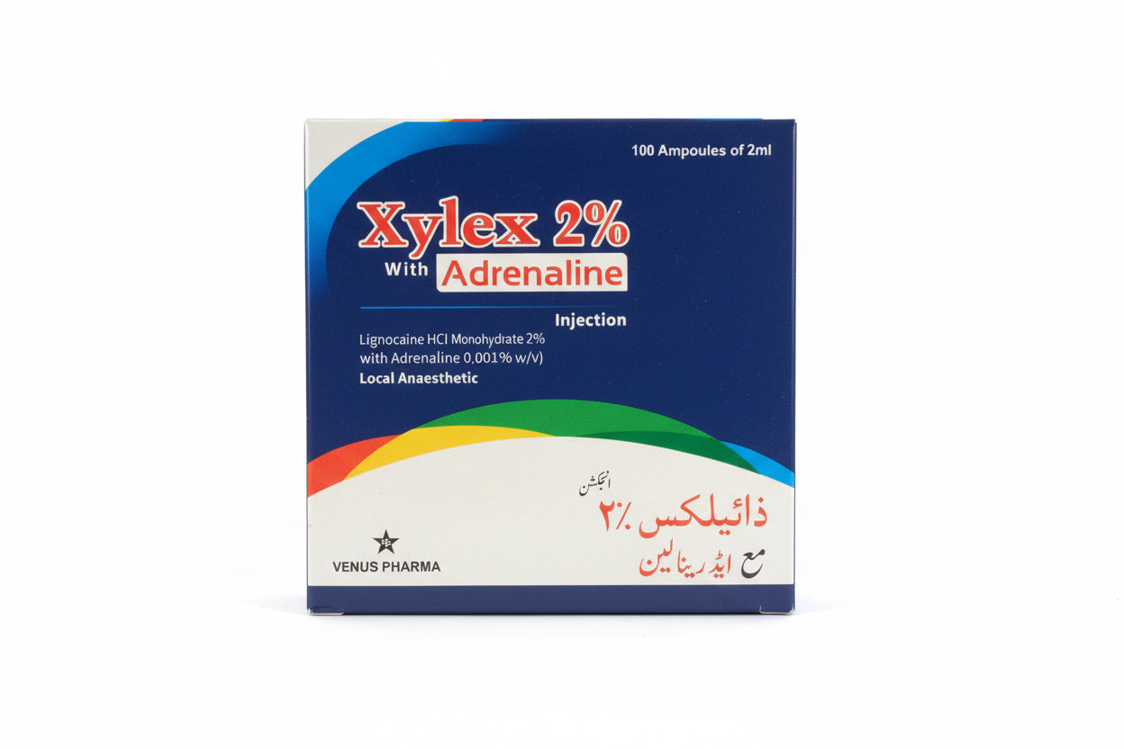 Xylex 2% Injection with Adrenaline (Lignocaine + Adrenaline 2ml) 100 Ampoules