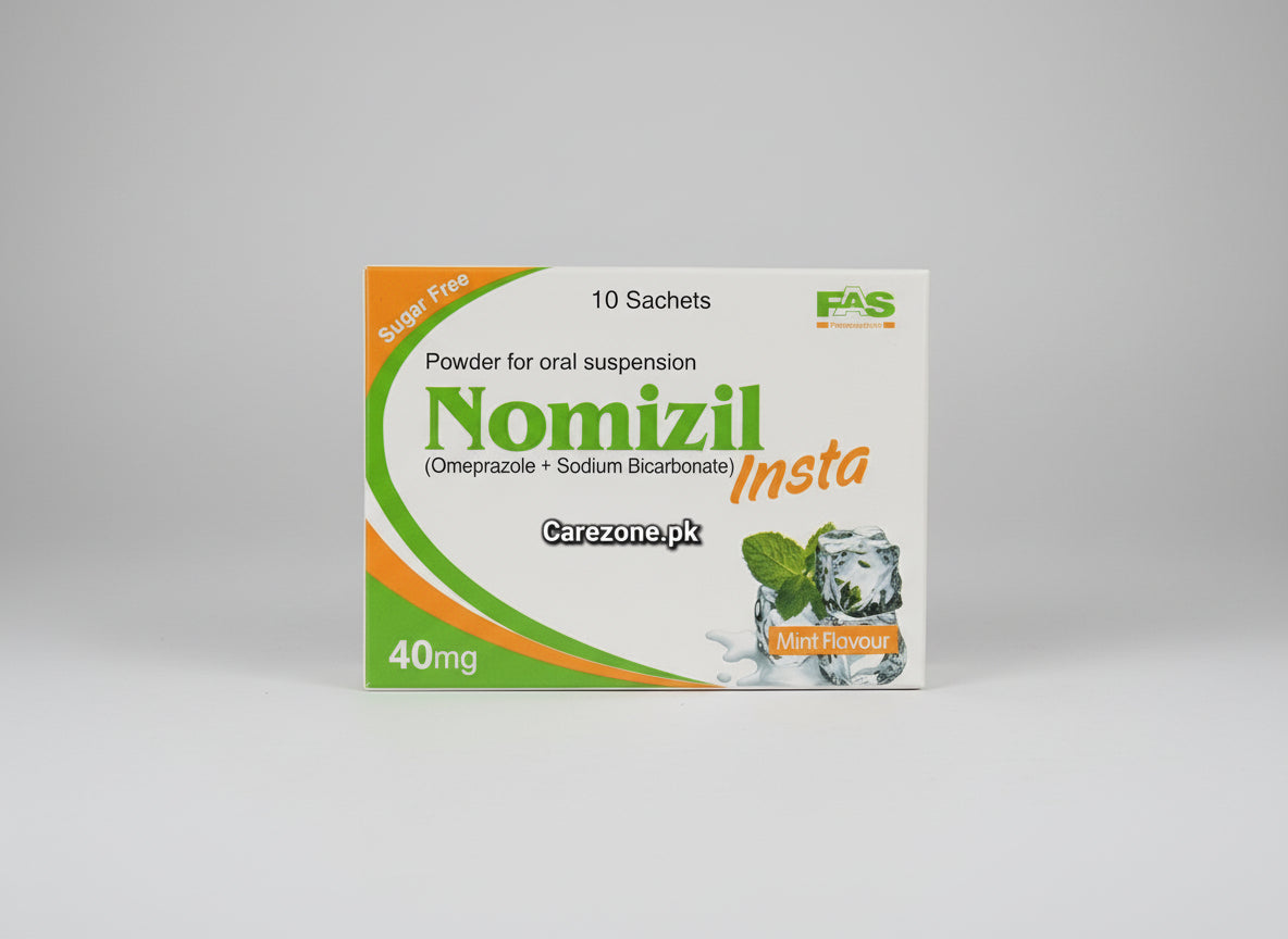 Nomizel Insta 40mg Sachet (Omeprazole + Sodium Bicarbonate) – Fast Acid Relief - Sugar free & Mint flavor