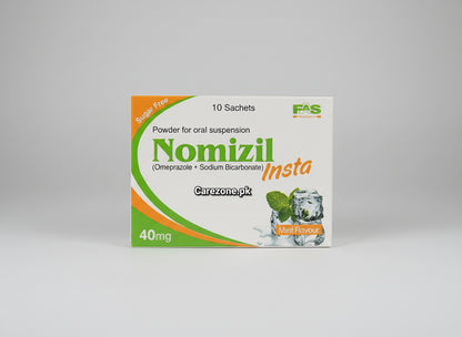 Nomizel Insta 40mg Sachet (Omeprazole + Sodium Bicarbonate) – Fast Acid Relief - Sugar free & Mint flavor