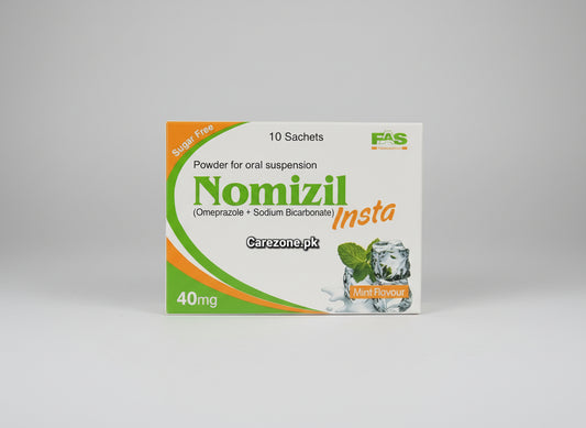 Nomizel Insta 40mg Sachet (Omeprazole + Sodium Bicarbonate) – Fast Acid Relief - Sugar free & Mint flavor