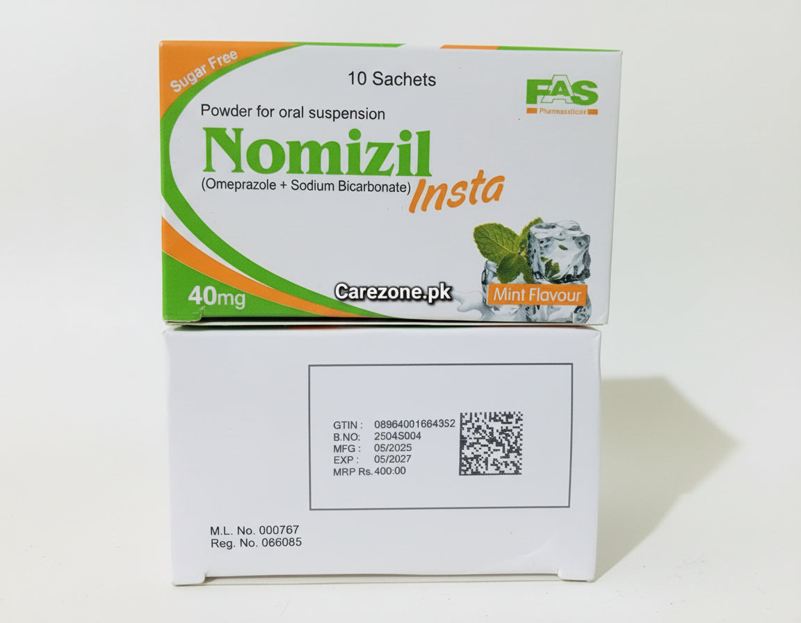 Nomizel Insta 40mg Sachet (Omeprazole + Sodium Bicarbonate) – Fast Acid Relief - Sugar free & Mint flavor
