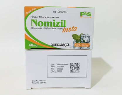 Nomizel Insta 40mg Sachet (Omeprazole + Sodium Bicarbonate) – Fast Acid Relief - Sugar free & Mint flavor