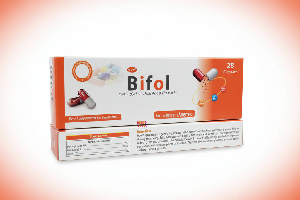 Bifol Capsules – Iron Bisglycinate 150mg + Folic Acid 800mcg + Vitamin B12 | Hemoglobin & Anemia Support | 28 Capsules