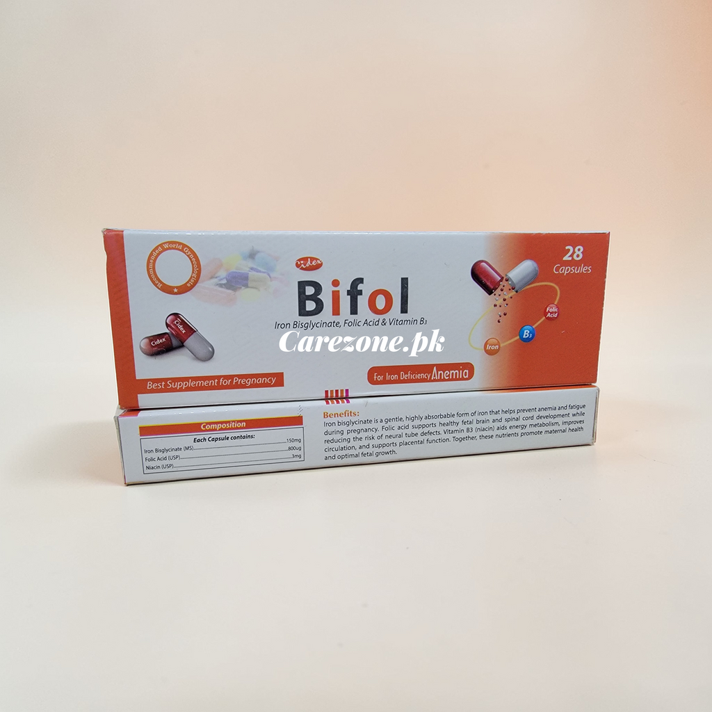 Bifol Capsules – Iron Bisglycinate 150mg + Folic Acid 800mcg + Vitamin B12 | Hemoglobin & Anemia Support | 28 Capsules