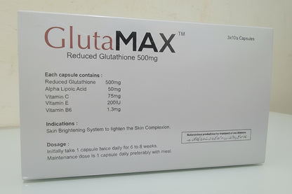 Glutamax 500mg Capsules – Reduced Glutathione Skin Brightening Formula – 30 Capsules | Glutamax 500mg Capsule Price in Pakistan