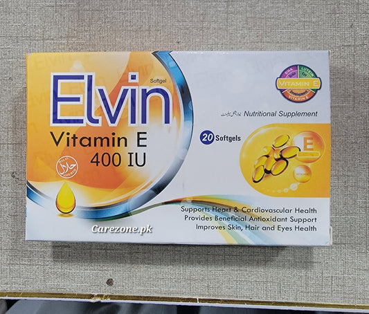 Elvin Vitamin-E 400 IU Softgel Capsules - 20 Softgels -  Evion Alternative-  Price in Pakistan