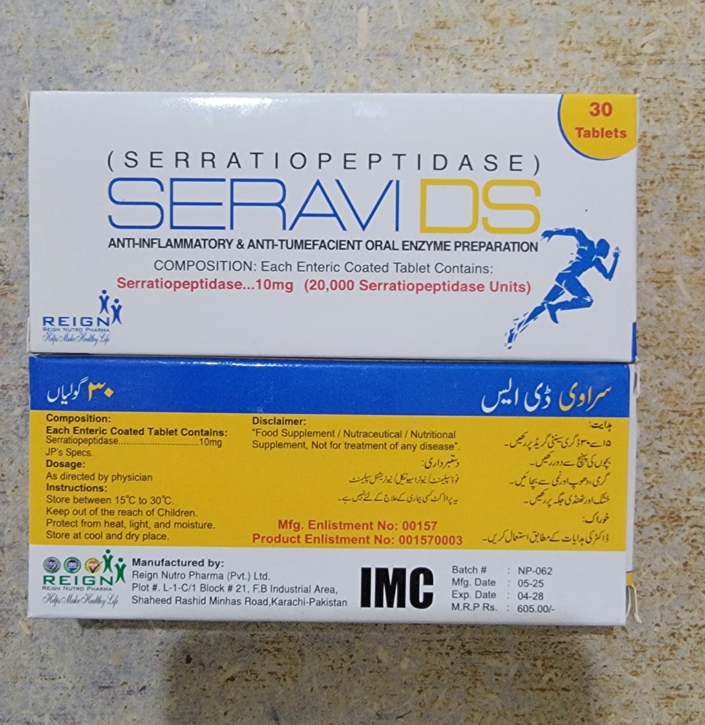 Seravi DS Tablets – Serratiopeptidase 10mg (20,000 Units) – 30 Tablets | Anti-Inflammatory Oral Enzyme | Danzen DS Alternative | Price in Pakistan