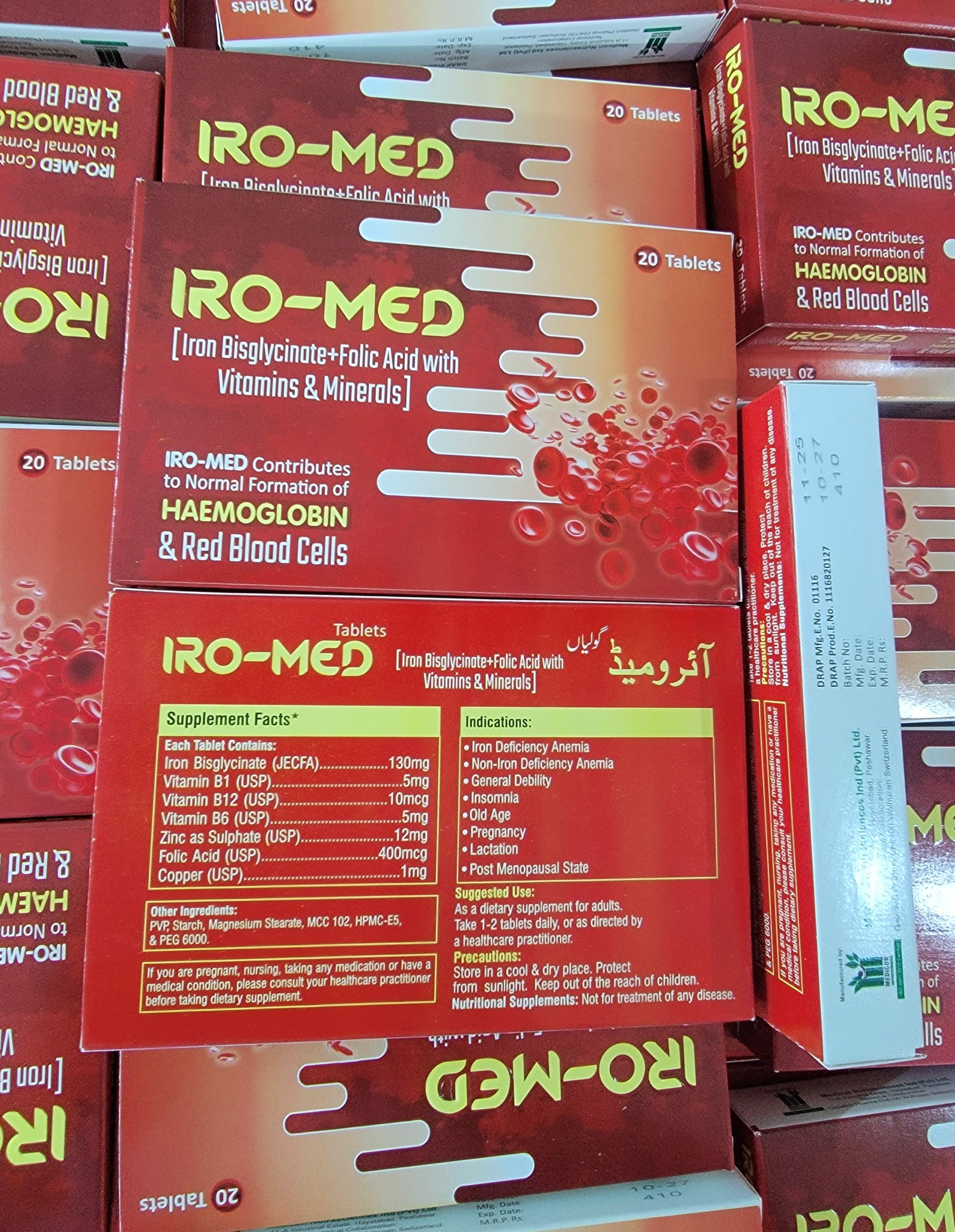 IRO-MED Tablets – Iron Bisglycinate 130mg + Folic Acid with Vitamins & Minerals – 20 Tablets | Hemoglobin & RBC Support