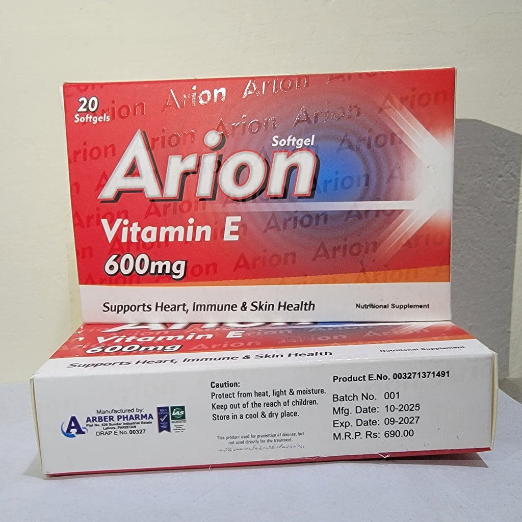 Arion Vitamin-E 600mg Softgel – Antioxidant for Skin, Heart & Immune Support | 20 Softgels