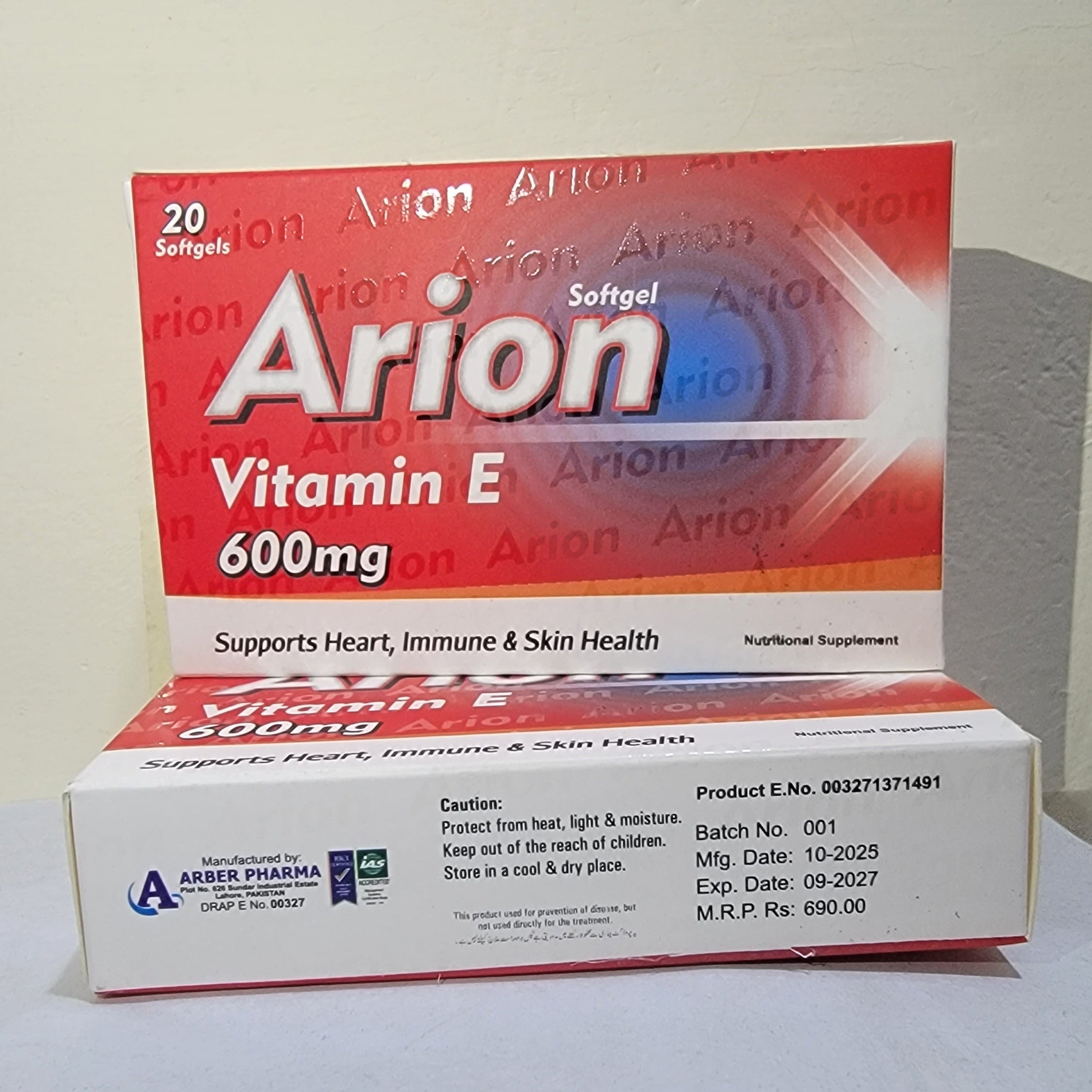 Arion Vitamin-E 600mg Softgel – Antioxidant for Skin, Heart & Immune Support | 20 Softgels
