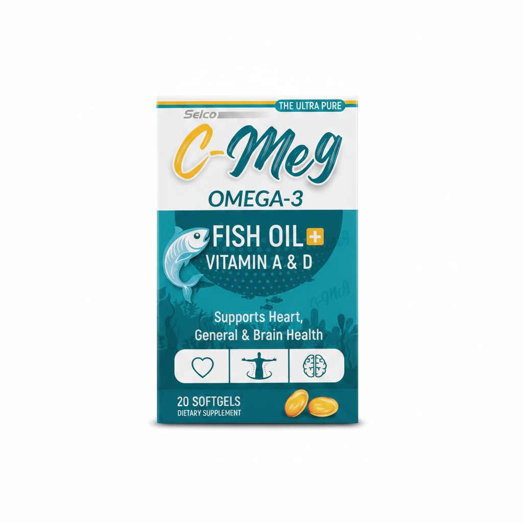 C-Meg Omega-3 Fish Oil with Vitamin A & D – 20 Softgels | Heart, Brain & General Health Support