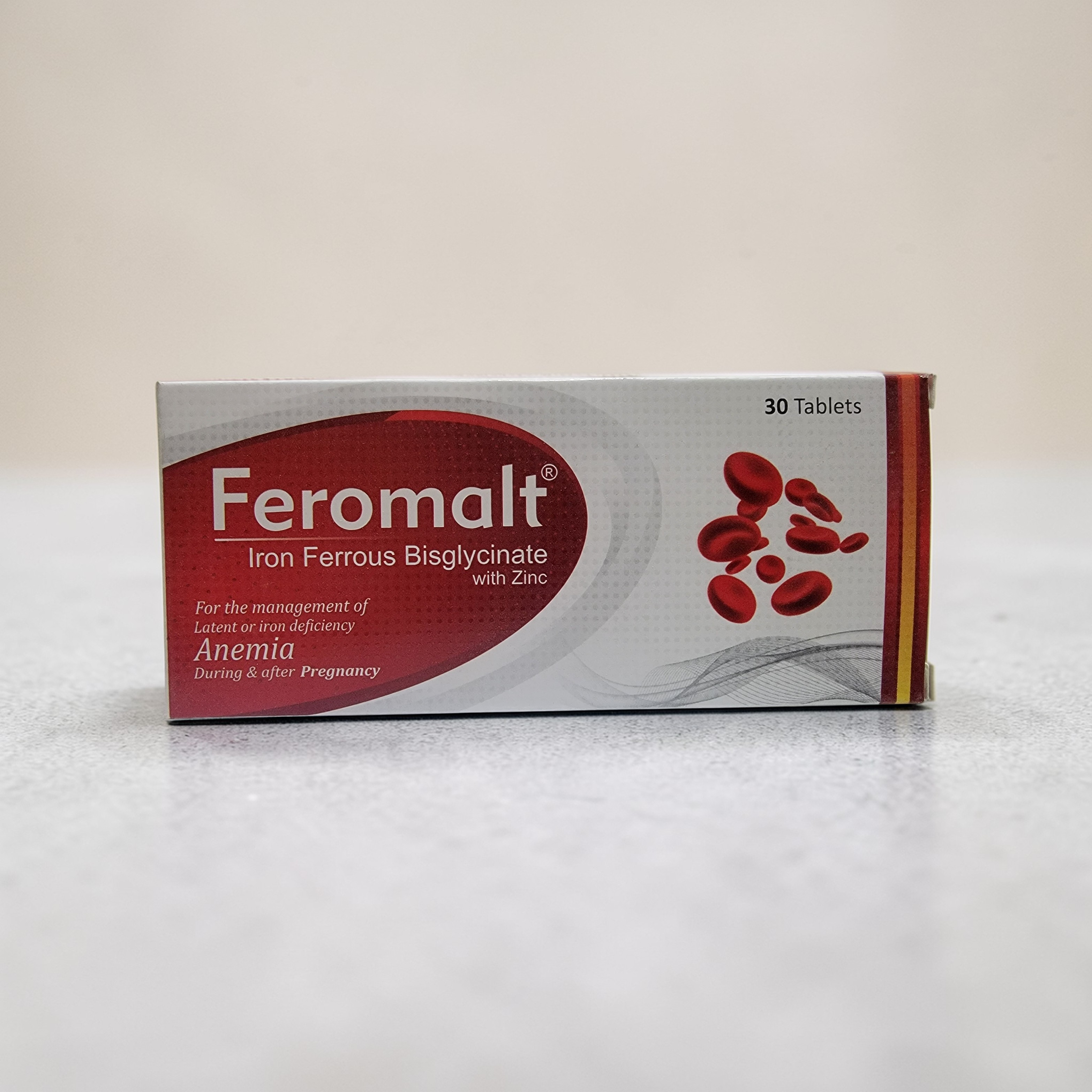 Feromalt Tablet (Iron Ferrous Bisglycinate 20mg + Zinc Sulfate 15mg) – Pack of 30 Tablets - Best for Iron deficiency