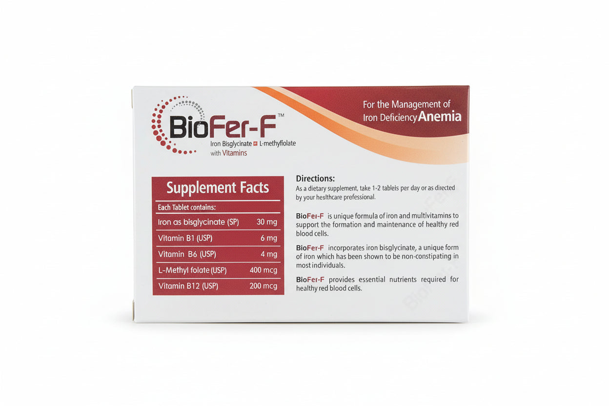 Biofer-F Tablets (Iron Bisglycinate + B-Complex + L-Methylfolate) Anemia & Hemoglobin Support | Sangobion Alternative 30 Tablets