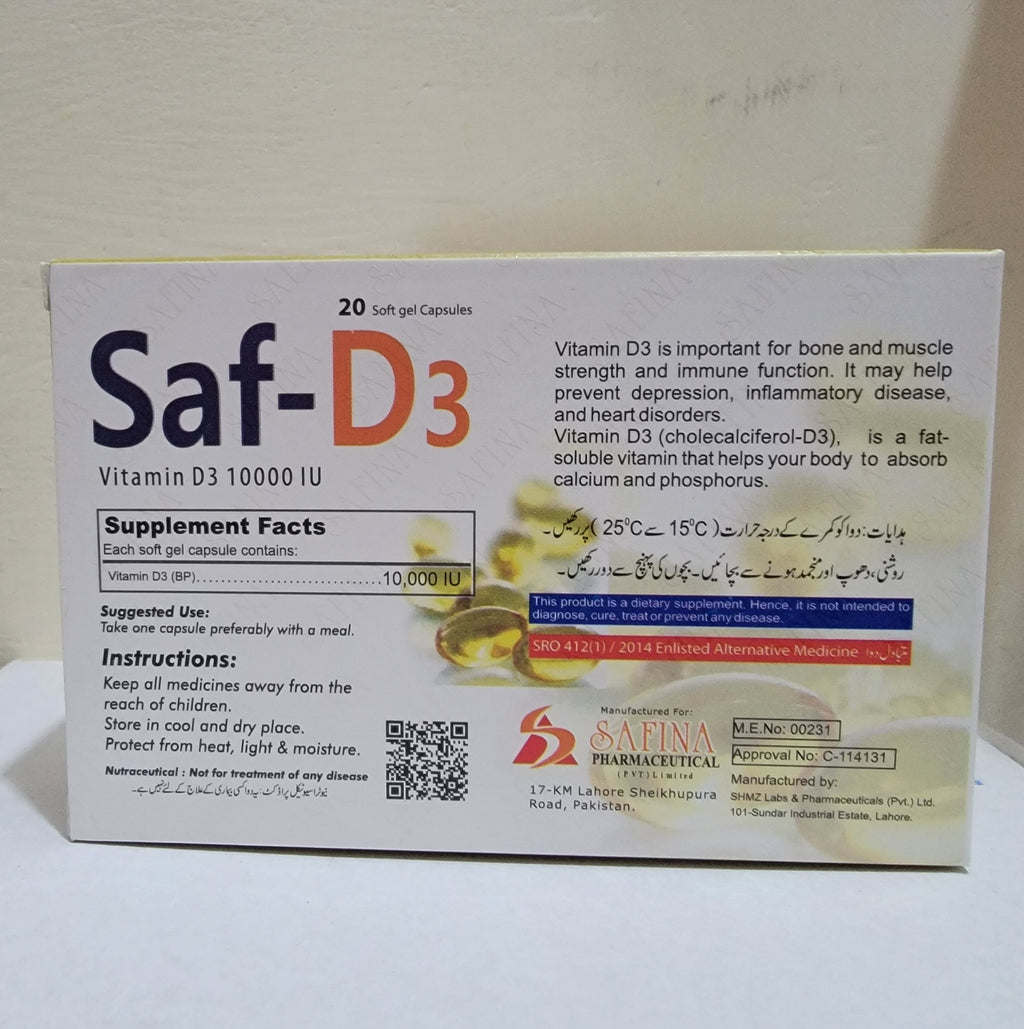Saf-D3 Softgel Capsules 10000 IU – Vitamin D3 Bone, Muscle & Immunity Support |20 Softgels