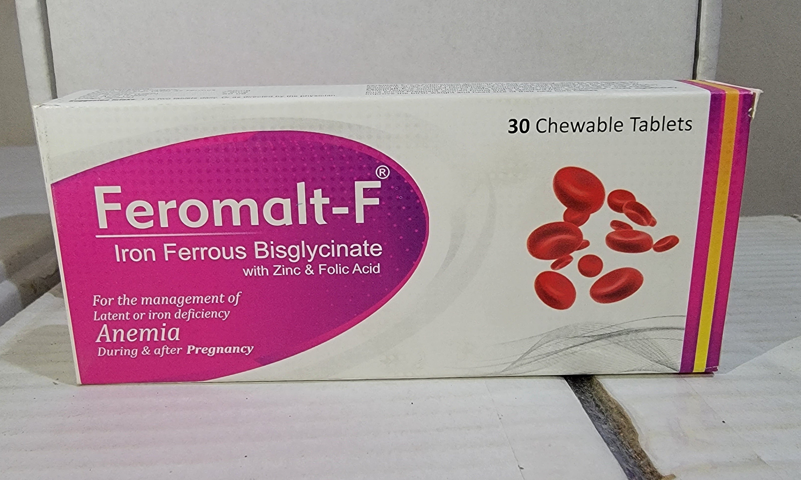 Feromalt-F Chewable Tablets 20mg/7.5mg/50mcg – Iron Bisglycinate + Zinc + Folic Acid Anemia & Hemoglobin Support | Sangobion Alternative 30 Tablets