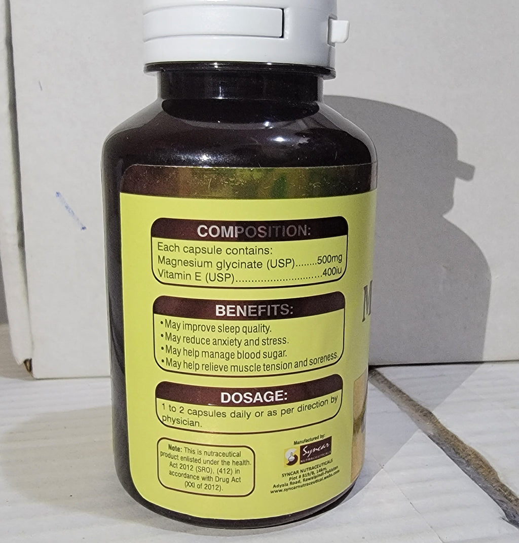 Mgera Magnesium Glycinate Capsules 500mg – Magnesium + Vitamin E Sleep Nerve Muscle & Heart Support | 30 Capsules
