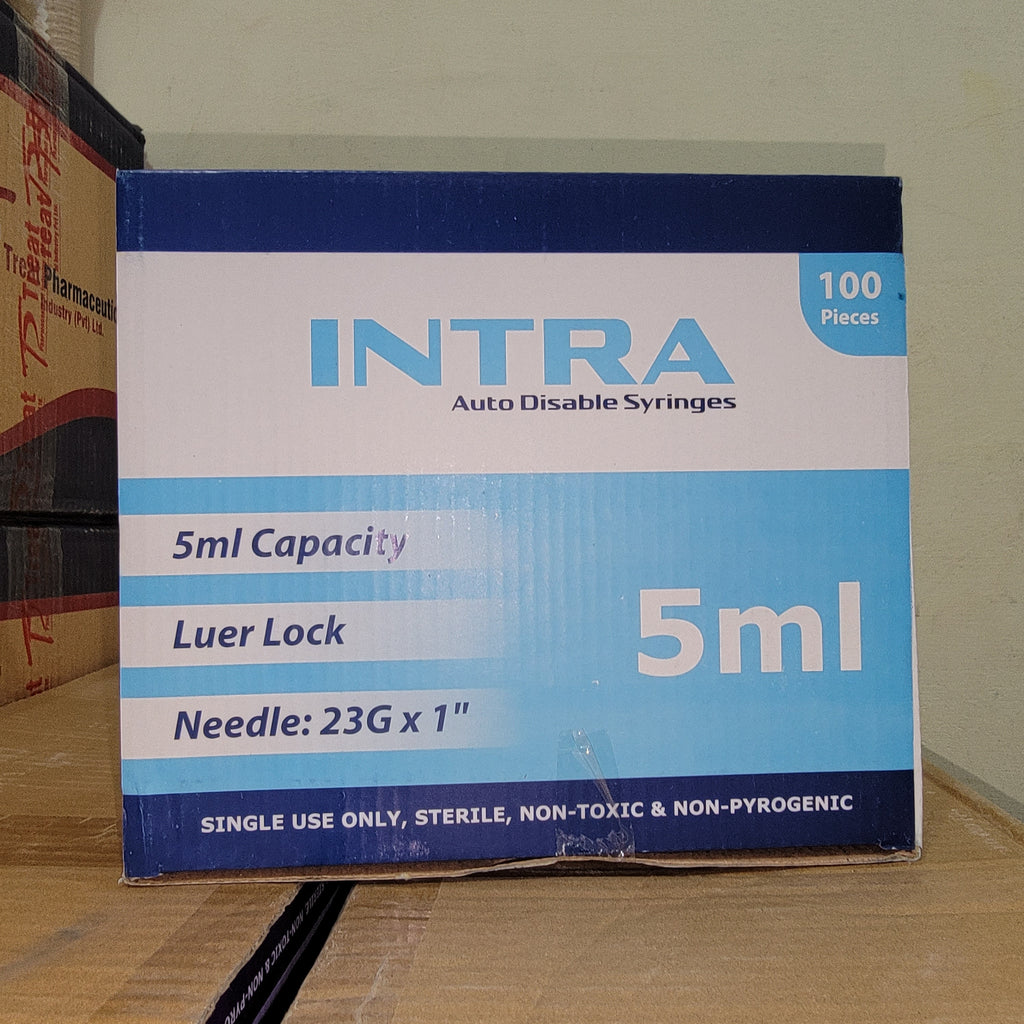 INTRA Auto Disable Syringes 5cc / 5ml – Luer Lock | 100 Pieces | Disposable Sterile Syringes