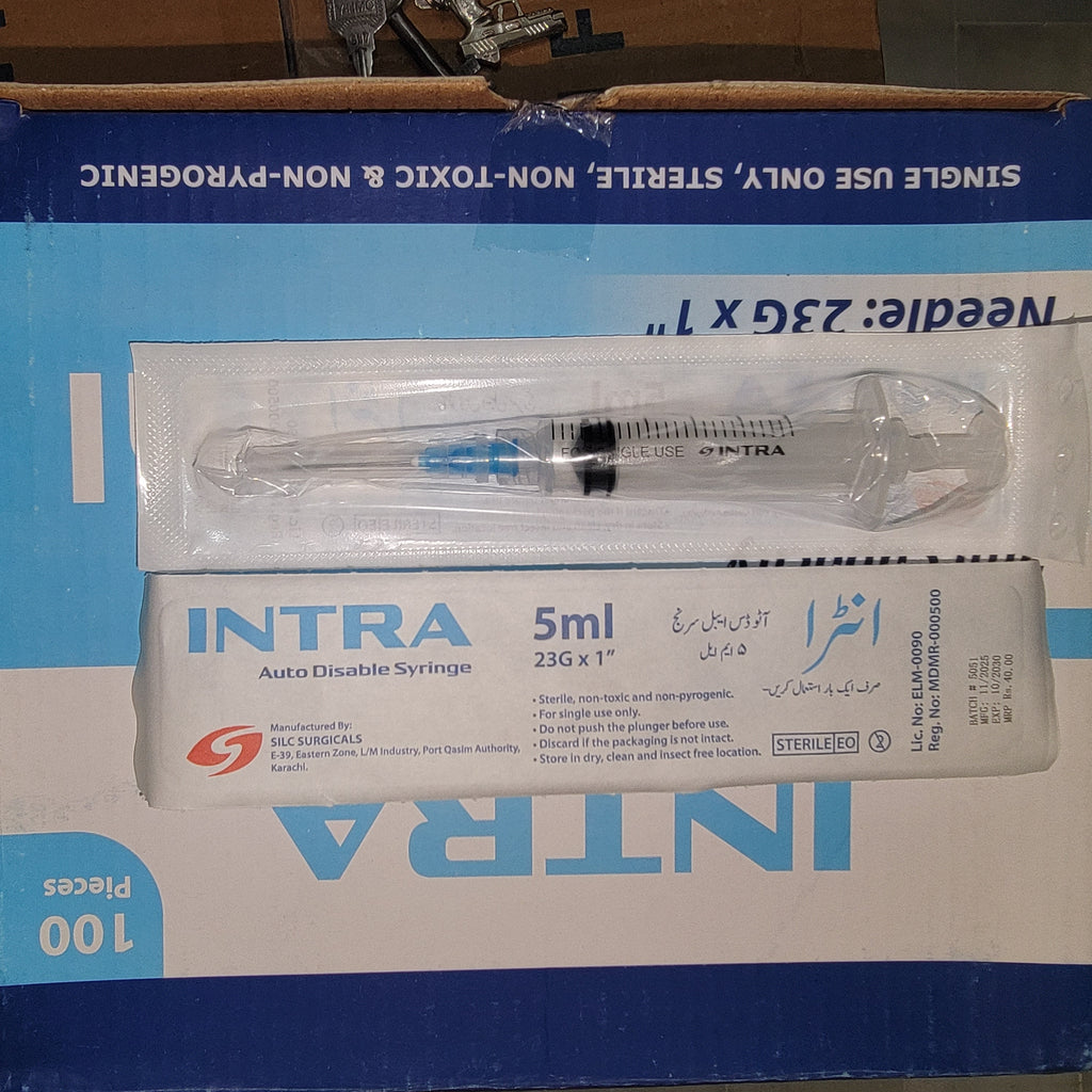 INTRA Auto Disable Syringes 5cc / 5ml – Luer Lock | 100 Pieces | Disposable Sterile Syringes