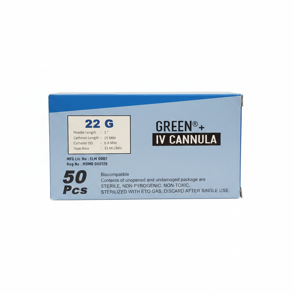GREEN 22G IV Cannula – Sterile Intravenous Cannula with stopper | 22G IV line  | 50 Pieces