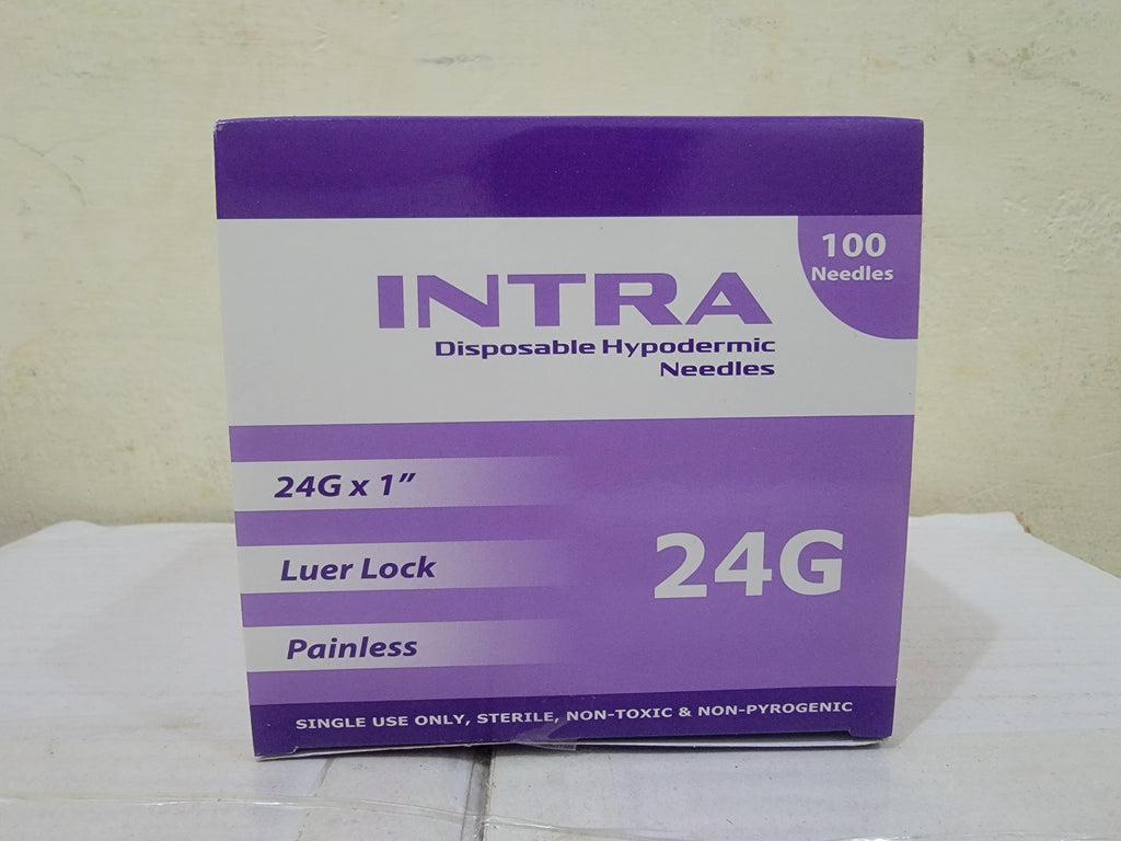 Intra 24G Disposable Hypodermic Needles – 24G × 1" Luer Lock | 100 Pieces