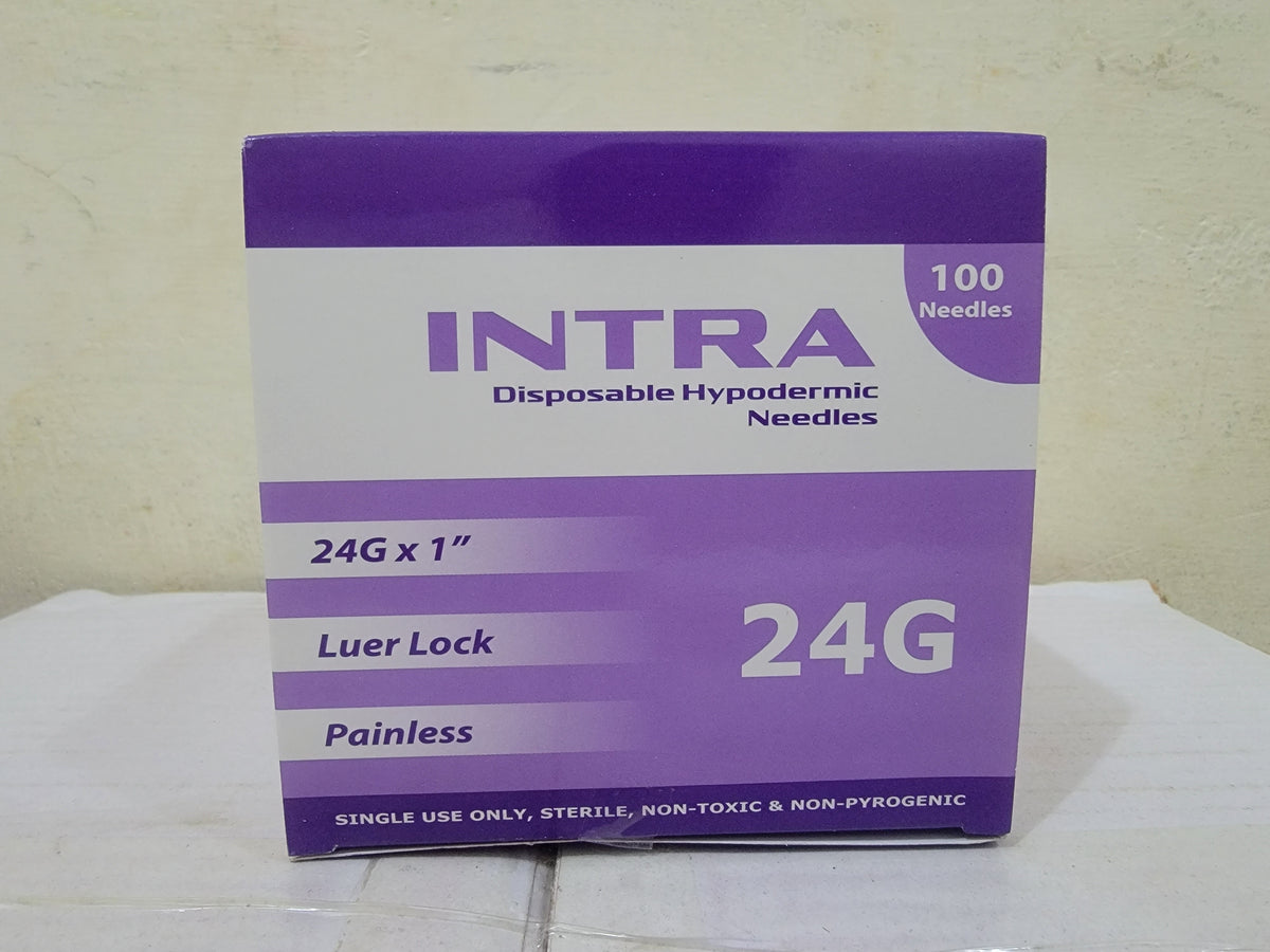 Intra 24G Disposable Hypodermic Needles – 24G × 1" Luer Lock | 100 Pieces