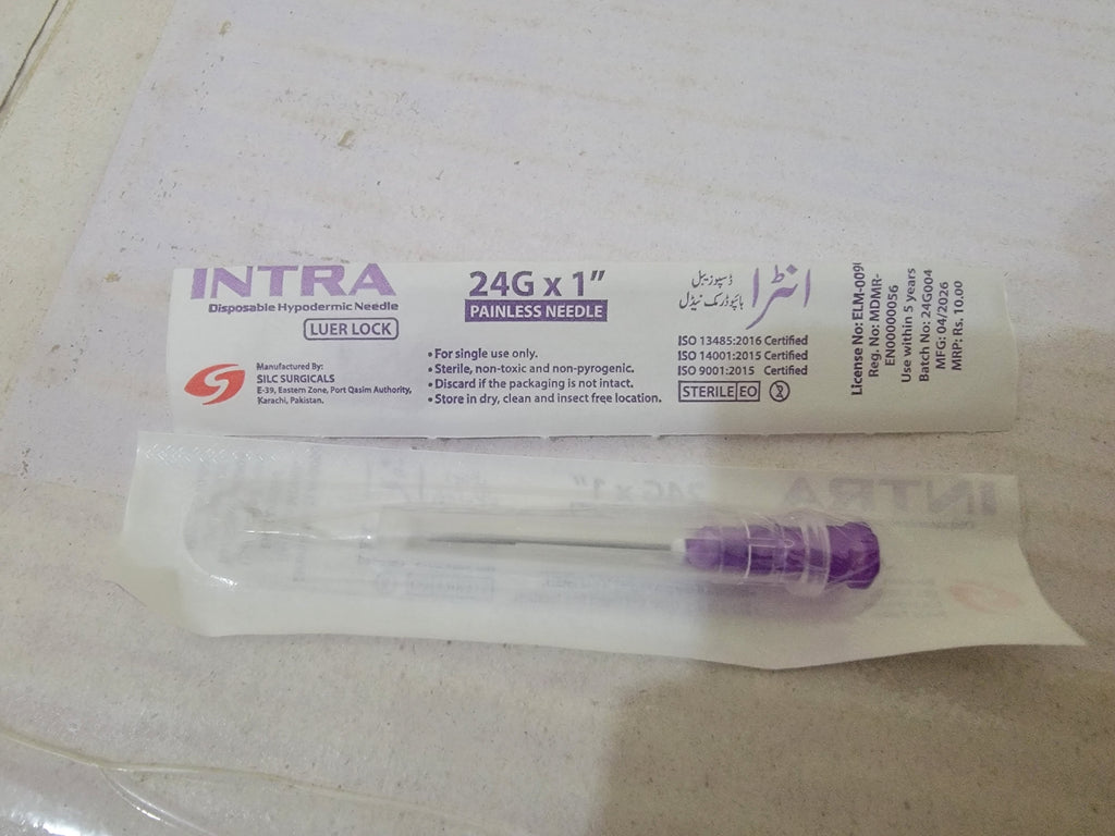 Intra 24G Disposable Hypodermic Needles – 24G × 1" Luer Lock | 100 Pieces