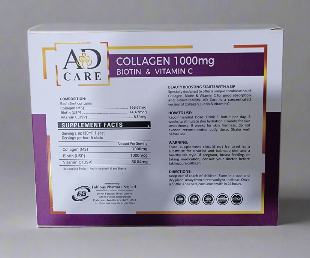 Fablous Collagen 1000mg with  Biotin & Vitamin C Oral Shot- Pack of 5 Oral Shots- Fablous AD Care Collagen