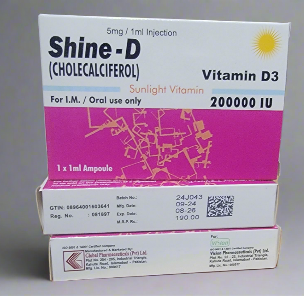 Shine-D Vitamin D3 (Cholecalciferol) 200,000 IU/ml Injection – 1x1ml Ampoule for Oral/IM Use