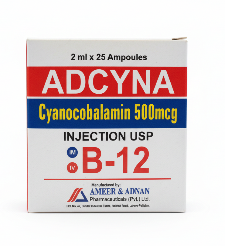Adcyna Cyanocobalamin 500mcg Injection USP 2ml × 25 Ampoules | Vitamin B12 Injection  Price in Pakistan
