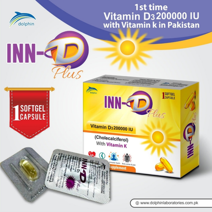 INN-D Plus Softgel Capsule | Vitamin D3 200000 IU with Vitamin K | 1 Softgel | Cholecalciferol Supplement