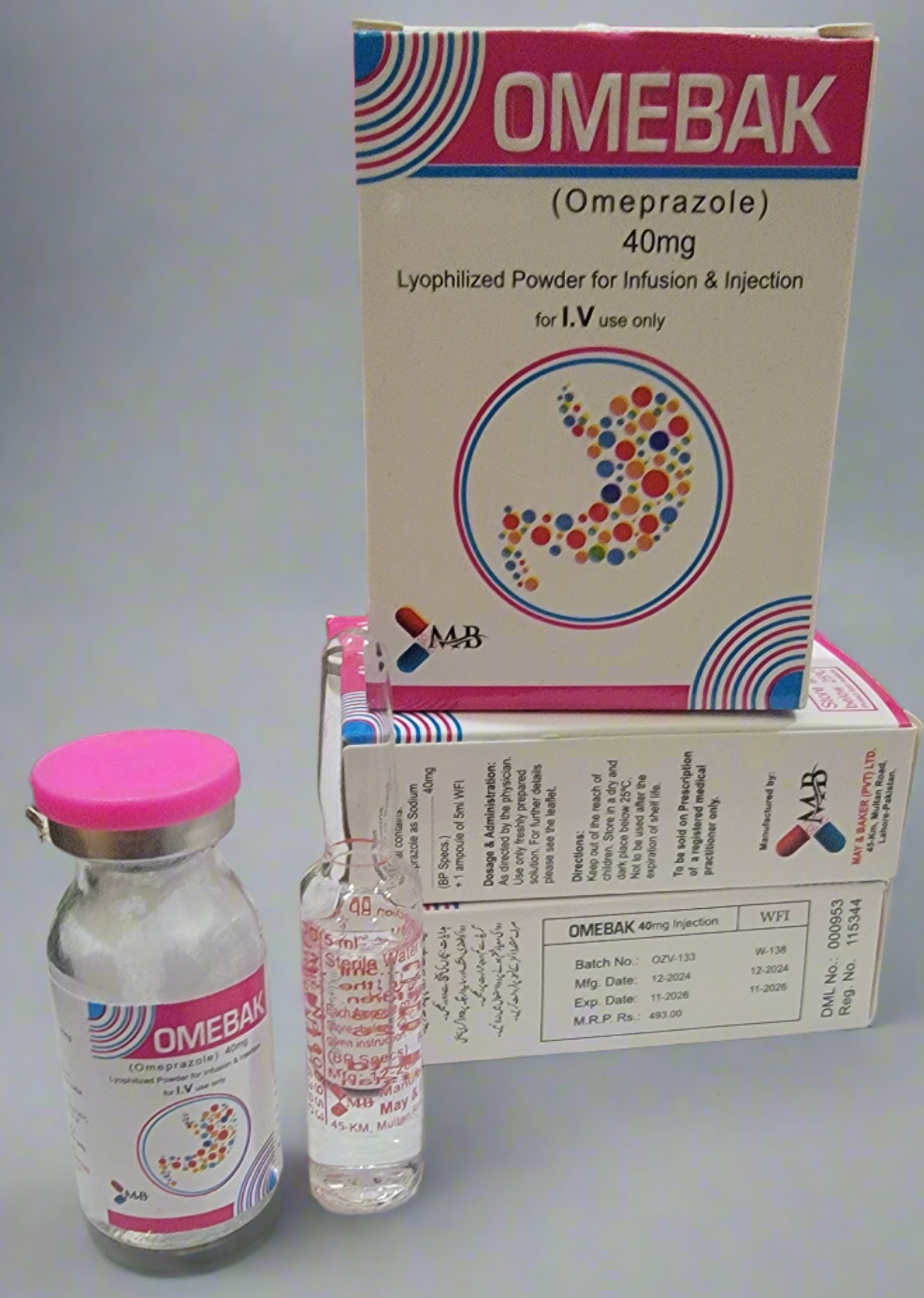 Omebak Injection 40mg – Omeprazole 40mg Injection for Acid Reducer for GERD, Ulcers & Stomach Protection | 1 Vial