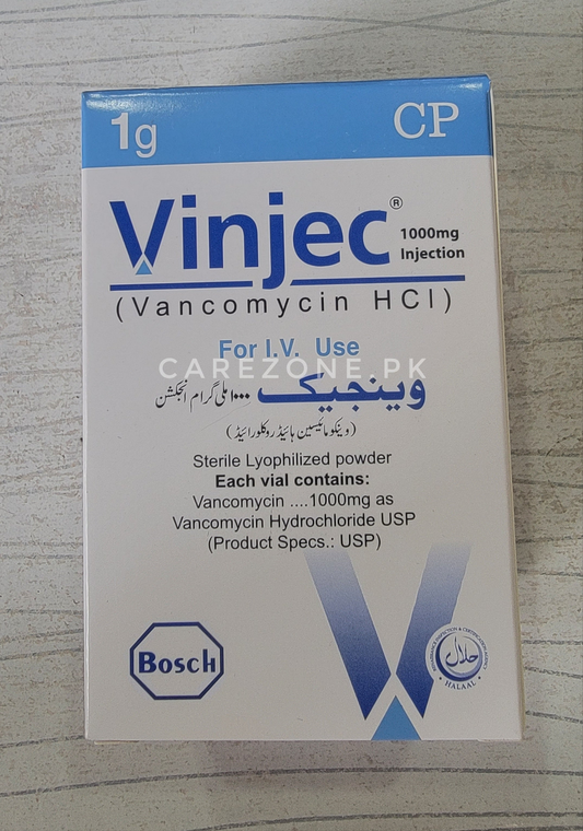 Vinjec 1000mg Injection (Vancomycin HCl) – 1 Vial | Broad-Spectrum Antibiotic