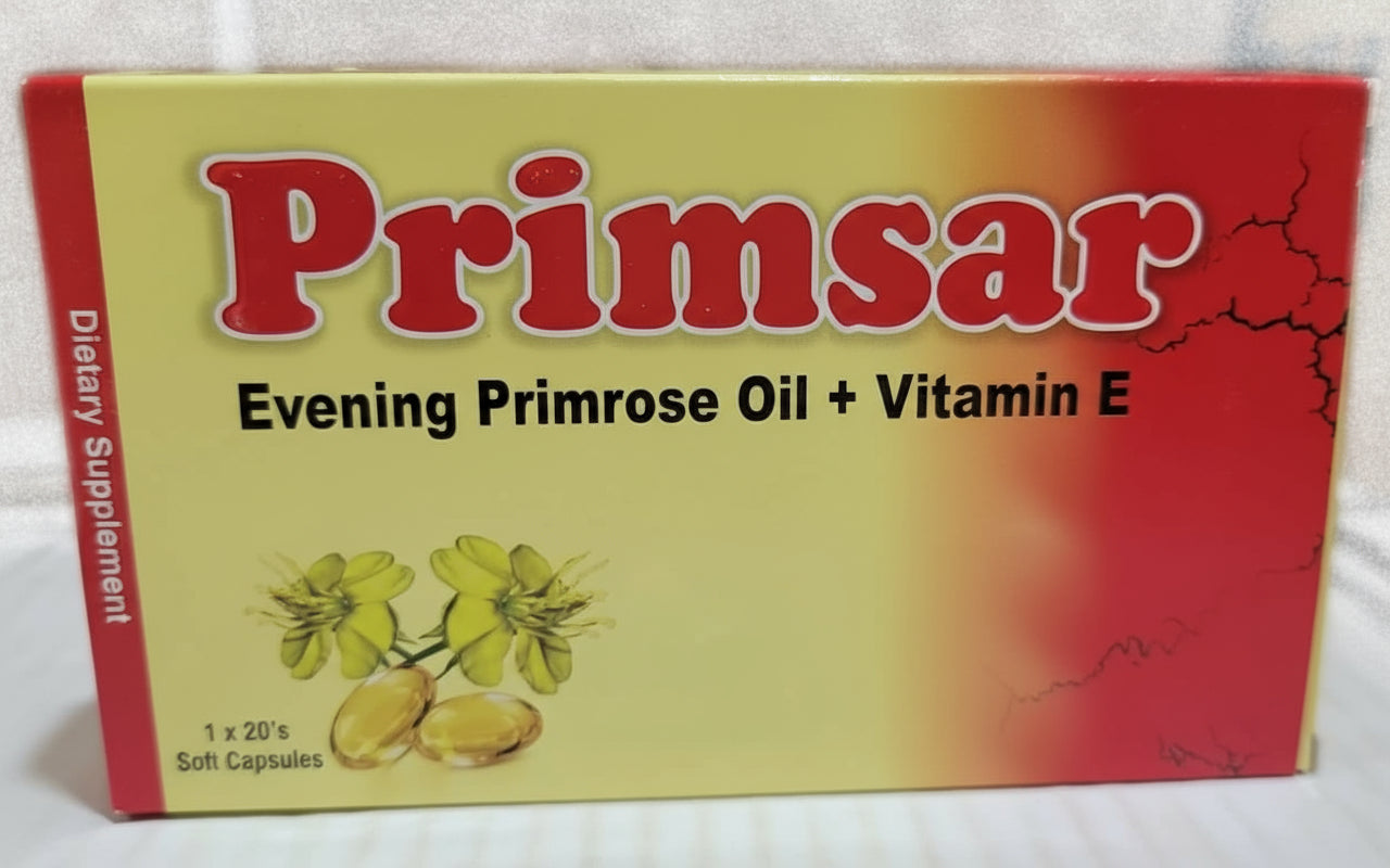 Primsar capsules (Evening Primrose oil 100mg + Vitamin E 3mg)- 20 capsules