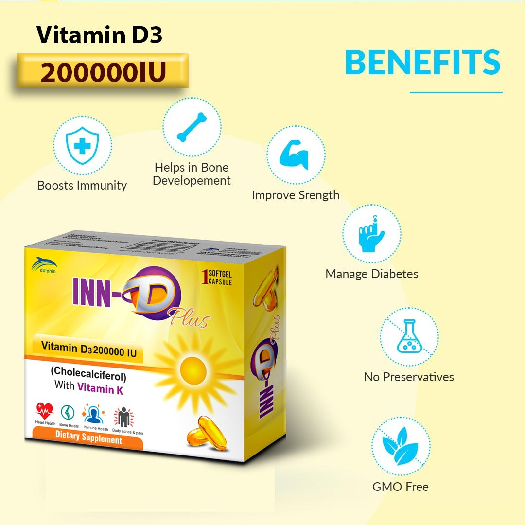 INN-D Plus Softgel Capsule | Vitamin D3 200000 IU with Vitamin K | 1 Softgel | Cholecalciferol Supplement