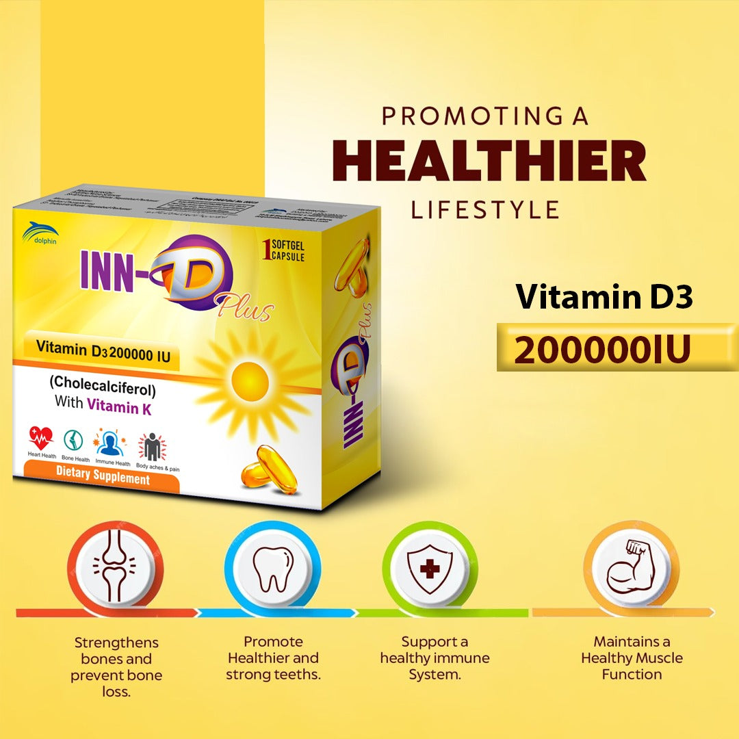 INN-D Plus Softgel Capsule | Vitamin D3 200000 IU with Vitamin K | 1 Softgel | Cholecalciferol Supplement